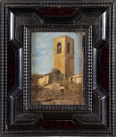 Anonimo del XX secolo, “Tetti di Bologna”. Olio su tavoletta entro elegante cornice, H cm 25x19