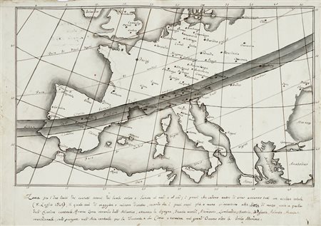 Mappa delle zone europee interessate dall'eclissi solare totale del 1842.  Datazione antecedente l’8 luglio 1842.