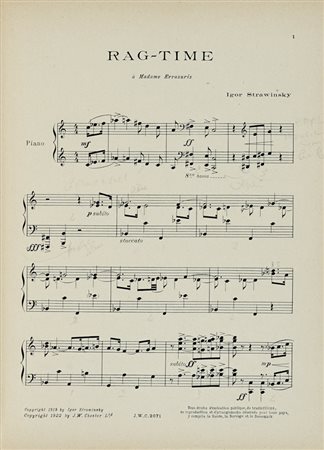 Strawinsky Igor, Ragtime. Spartito. Copertina illustrata da Pablo Picasso.  Numero editoriale J-W-C.2071. Londres, Les Editions Chester 1922.