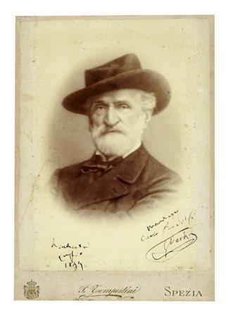 Verdi Giuseppe, Dedica e firma autografa su ritratto all'albumina.  Datata luglio 1899, Montecatini.