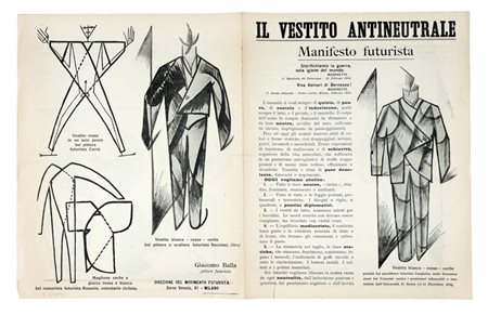 Balla Giacomo, Il vestito antineutrale. Manifesto futurista. Milano: Direzione del Movimento Futurista [Cart. Tip. A. Taveggia - Milano], 11 settembre 1914 [ma dicembre 1914].