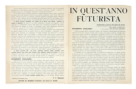 Marinetti Filippo Tommaso, In quest'anno futurista. Milano: Direzione del Movimento Futurista, 29 novembre 1914.