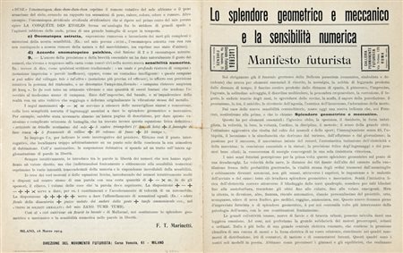 Marinetti Filippo Tommaso, Lo splendore geometrico e meccanico e la sensibilità numerica. Manifesto futurista. Milano: Direzione del Movimento Futurista, 18 marzo 1914.