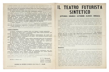 Marinetti Filippo Tommaso, Il teatro futurista sintetico. (Atecnico - Dinamico - Autonomo - Alogico - Irreale). Milano: Direzione del movimento futurista, 11 gennaio 1915.