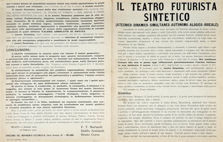 Marinetti Filippo Tommaso, Il teatro futurista sintetico. (Atecnico - Dinamico - Simultaneo -  Autonomo - Alogico - Irreale). Milano: Direzione del movimento futurista, 11 gennaio 1915-18 febbraio 1915.