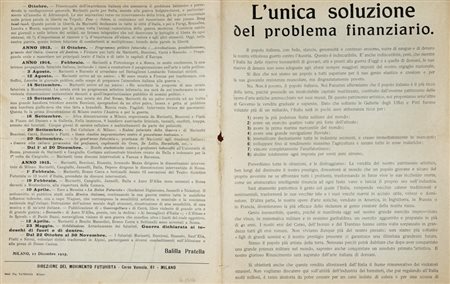 Marinetti Filippo Tommaso, L'unica soluzione del problema finanziario. [Segue: Il Futurismo e la Guerra. Cronaca sintetica]. Milano: Direzione del Movimento Futurista,  11 dicembre 1915 [i.e. 1916?].