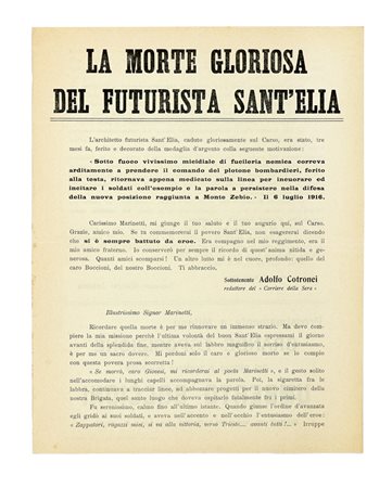 La morte gloriosa del futurista Sant'Elia. Milano: Direzione del movimento futurista, 14 ottobre 1916.