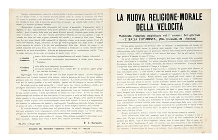 Marinetti Filippo Tommaso, La nuova religione-morale della velocità. Manifesto futurista pubblicato nel 1° numero del giornale L'Italia futurista. Milano, 11 maggio 1916.