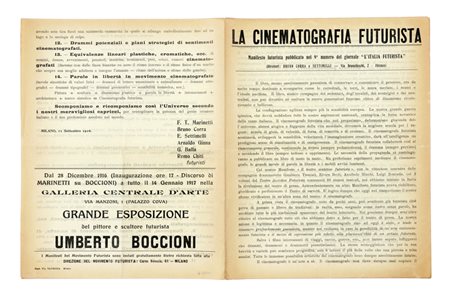 Marinetti Filippo Tommaso, La cinematografia futurista. Manifesto futurista pubblicato nel 9° numero del giornale L'Italia Futurista. Milano: Direzione del movimento futurista, 11 settembre 1916.