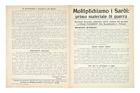 Marica Pasquale, Moltiplichiamo i sardi: primo materiale di guerra. Manifesto futurista pubblicato nell'8° numero del giornale L'Italia Futurista. Milano, s.d. [i.e. febbraio 1917].