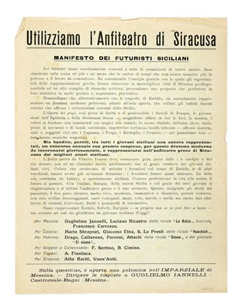 Utilizziamo l'anfiteatro di Siracusa. Manifesto dei futuristi siciliani. [Segue:  Il Futurismo italiano nel 1921]. s.d.e. [i.e. 1921].