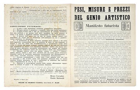 Corra Bruno [pseud. di Ginanni Corradini Bruno], Pesi, misure e prezzi del genio artistico. Manifesto futurista. Milano: Direzione del movimento futurista, 11 marzo 1914.