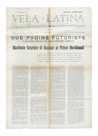 Marinetti Filippo Tommaso e altri, Vela Latina. Manifesto di Boccioni ai pittori meridionali. (Anno IV, n. 3).  Napoli: Vela Latina, 27 gennaio 1916.