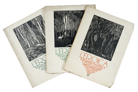 Cozzani Ettore, Lotto di 8 fascicoli da L'Eroica. Rassegna italiana di Ettore Cozzani. Anno XVI, nn. 112-114 - 118, 120-124. Milano: L'Eroica, 1928.