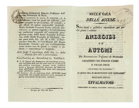 Jaquet-Droz Jaquet-Droz Pierre Henri Louis, Esposizione dei celebri androidi od automi. Bologna: pei Tipi del Sassi, [1828].