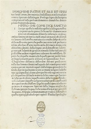 Cavalca Domenico, Pungi lingua. (Al colophon:) Florentie: per Nicholaum Florentie, s.d. [i.e. 1476-1477 ca.].