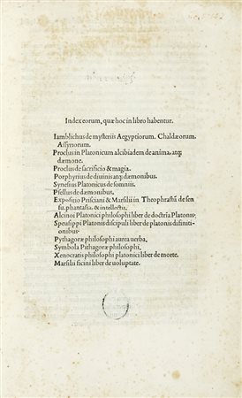 Iamblichus e altri, De mysteriis Aegyptiorum, Chaldaeorum, Assyriorum. [Tr: Marsilius Ficinus]. (Al colophon:) Venetiis: in aedibus Aldi, mense Septembri 1497.