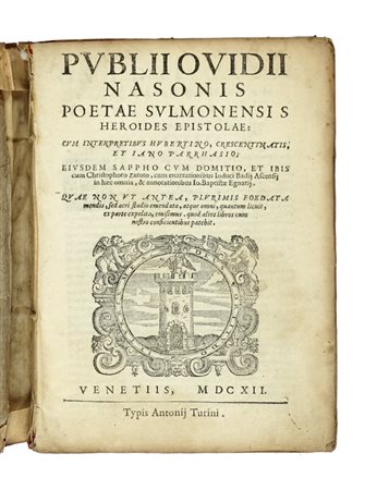 Ovidius Naso Publius, Le metamorfosi... In Venetia: appresso Alessandro Griffio, 1584. (Al colophon:) In Venetia: appresso Fabio, & Agostino Zoppini fratelli, 1584.