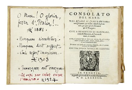 Pederzano Giovanni Battista, Il consolato del mare nel quale si comprendono tutti gli Statuti, & Ordini... In Venetia: appresso gli heredi di Francesco Rampazetto, 1584.