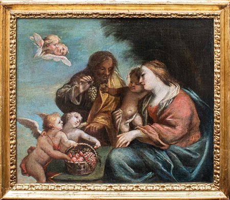 "Sacra famiglia con putti" olio su tela, scuola 