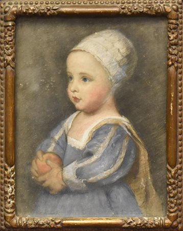 Pastello "Bimba con mela" sec.XIX<br>cm. 23x17