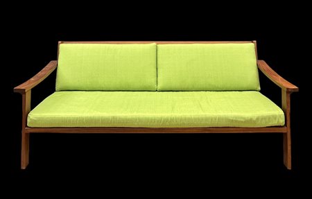 divano anni '70 in legno e tessuto verde<br>cm. 