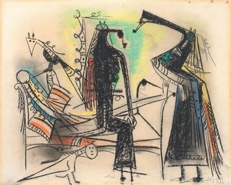 Wifredo Lam Sagua La Grande 1902 - Parigi 1982 Ça va mal, 1959 Pastelli su...