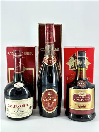  
Courvoisier Trois Etoiles Luxe Cognac - Camus Grand V.S.O.P. Cognac - Prince Hubert de Polignac Royal X.O. Cognac 
 0,7