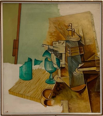 Mino Ceretti "Interno - bicchiere - bicchiere - bottiglia - quadro cubista" 1975