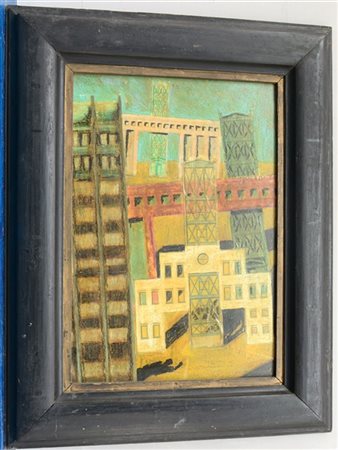 Attilio Pizzigoni "Composizione urbana" 1986
olio su cartone
cm 81x55. In cornic