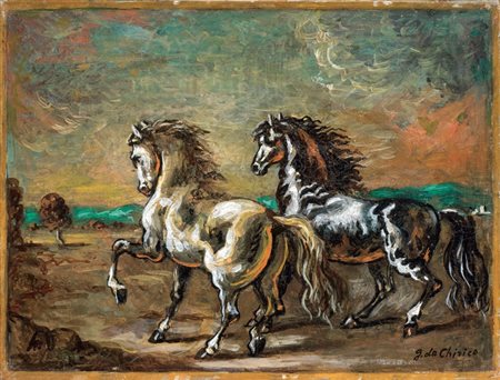 Giorgio de Chirico Volos 1888 - Roma 1978 Due cavalli, anni Sessanta Olio su...