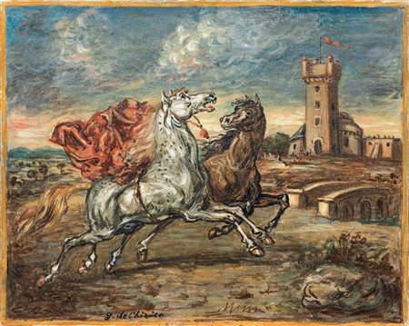 Giorgio de Chirico Volos 1888 - Roma 1978 Due cavalli presso un castello,...