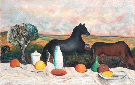 Giuseppe Cesetti Tuscania (Vt) 1902 - 1991 La tavola e i cavalli, 1947 Olio...
