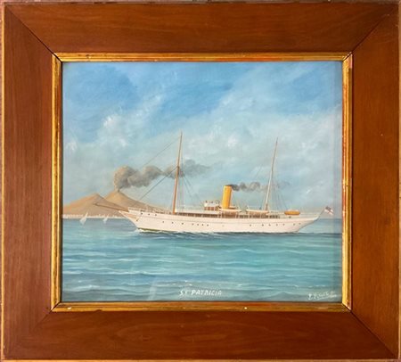 E. Esposito "S.Y. PATRICIA" dipinto raffigurante steam yacht con Vesuvio sullo s