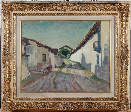 Metello Merlo "Strada di paese"1960, olio su masonite (cm 39,5 x 49,5) firmato e