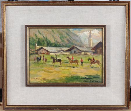 Felice Vellan "Passeggiata a cavallo" olio su compensato (cm 17,5x23,5) firmato