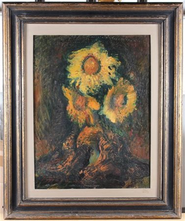 Giuseppe Moro "Girasoli" 1944
olio su cartone (cm 60x39)
Firmato e datato in bas