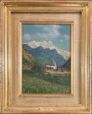 Lorenzo Gignous "Paese di montagna" 
olio su cartone (cm 24x17,5)
Firmato in bas