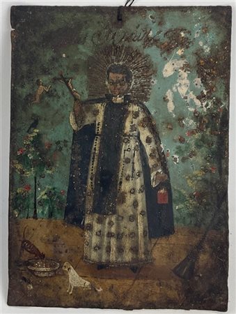 Ignoto di inizio secolo XIX. Santo, olio su metallo (difetti)