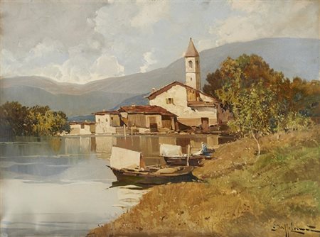 Bruto Mazzolani "Lago lombardo" 
olio su tela (cm 60x80)
Firmato in basso a dest