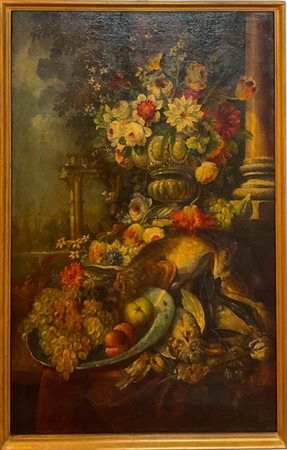 Ignoto, "composizione con frutta, fiori e cacciagione"
Olio su tela, cm 126x83,