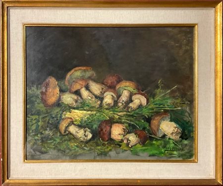 Luigi Comolli "Composizione con porcini" 
olio su masonite (cm 48x61)
Firmato in