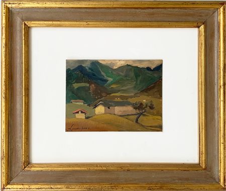 Emil Lindenfeld "Paesggio montano con casolari" Olio su compensato (cm 27x34) Fi