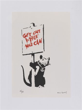 BANKSY (Bristol 1974), after. "Get out while you can". Litografia a colori su...