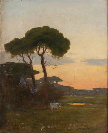 LUIGI BERTELLI (San Lazzaro di Savena 1833 - Bologna 1916) Tramonto in pineta