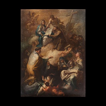 Sebastiano Conca (Gaeta 1680 - Napoli 1764), San Francesco presenta a Cristo risorto e alla Madonna la Regola dell'Ordine alla presenza dei santi