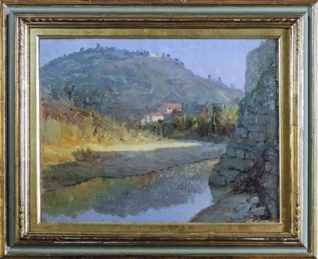 COSIMO ROMA (1900-1972) Paesaggio fluviale olio su tavoletta, firmato, in...