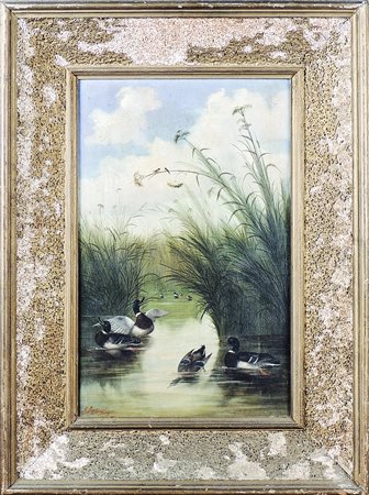 MICHELANGELO MEUCCI (1840-1909) Scorcio lacustre con anatre olio su tela,...