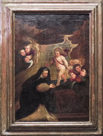 IMMAGINE DEVOZIONALE olio su tela, in cornice, difetti cm 60,5x43