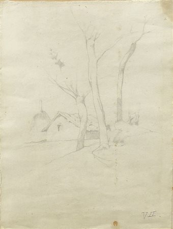 GIOVANNI FATTORI (1825-1908) Veduta di casolare con alberi e pagliaio matita...